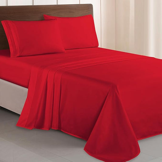 Elegant Comfort Luxurious 1500 Premium Hotel Quality Microfiber Three Line Embroidered Softest 4-Piece Bed Sheet Set, Wrinkle and Fade Resistant, Twin/Twin XL, Red