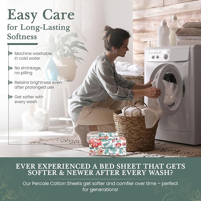 Feather & Stitch Softest 100% Cotton Sheets, 300 Thread Count Percale Weave Bedding, 16" Deep Pocket, Cooling Sheets, Breathable Bed Set, Hotel Premium Quality (Twin, Vintage Garden)