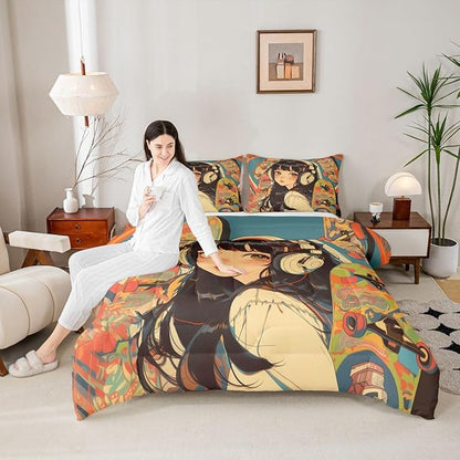 Erosebridal Fashion Girls Comforter Set Full Size for Cool Girl with Hip-Hop Headphone Bedding, Street Culture Graffiti Art Bed Comforter Set for Girls Women Modern 3D Cartoon Down Comforter