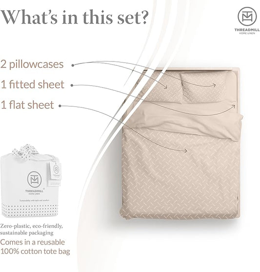Threadmill 100% Cotton Sheets for King Size Bed | 4 Pc King Bed Sheets Set | Soft, Breathable Lightweight Damask Sateen for All-Season Use | Snug Fit Elastic Deep Pocket King Sheets | Beige
