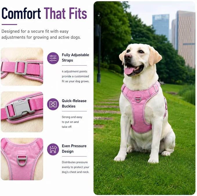 No Pull Dog Harness with Built-in Hidden AirTag & GPS Tracker Holder, Reflective Adjustable Escape-Proof Vest Harness for Small & Medium Dogs (Hot Pink, XL)