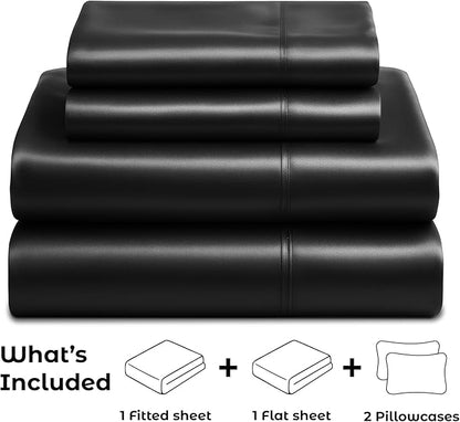 Pure Bedding Satin Sheets Queen [4-Piece, Black] Hotel Luxury Silky Bed Sheets - Extra Soft 1800 Microfiber Sheet Set, Wrinkle, Fade, Deep Pocket Fitted Sheet, Flat Sheet, Pillow Cases
