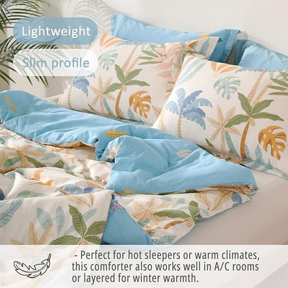 Tropical Coastal Blue Cotton Comforter Queen Size 3Pcs - Bright Orange, Olive Green & Beige Palm and Leaf Patterns, Botanical Lightweight Reversible Bedding Sets with Soft Fill(90"×90")