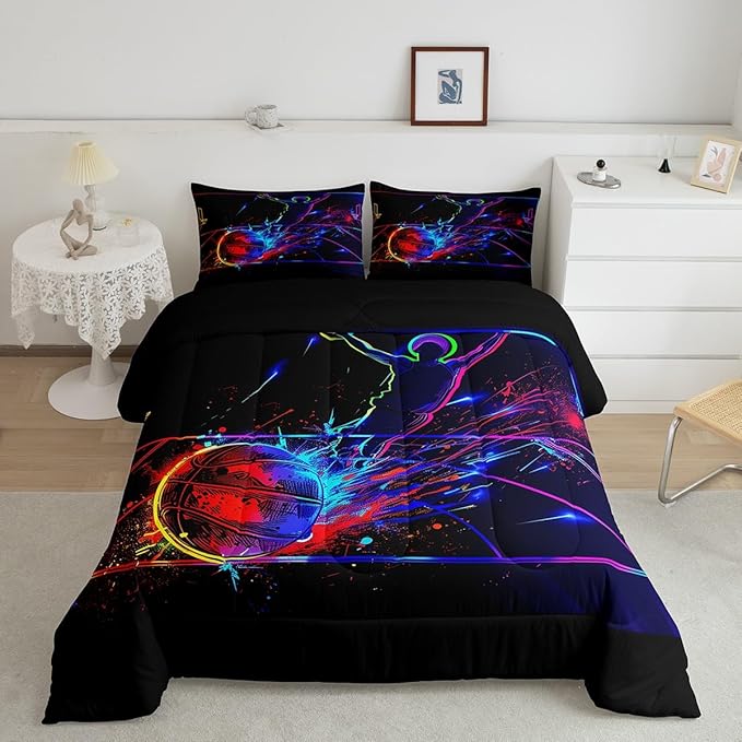 Erosebridal Basketball Comforter Set King 3D Sports Bedding Sets for Boys Teens Kids Men Tie Dye Fire and Ice Comforter Player Sport Game Warm Soft Lightweight Red Blue Quilt Set, Black