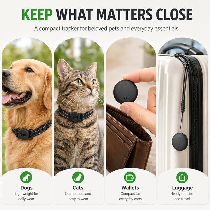 Dog Tracker, GPS Tracker for Dogs with Real-Time Location, No Monthly Fee, No SIM, IP68 Waterproof Ultra-Slim Lightweight with Holder, 500-Day Battery, Black, iOS Only