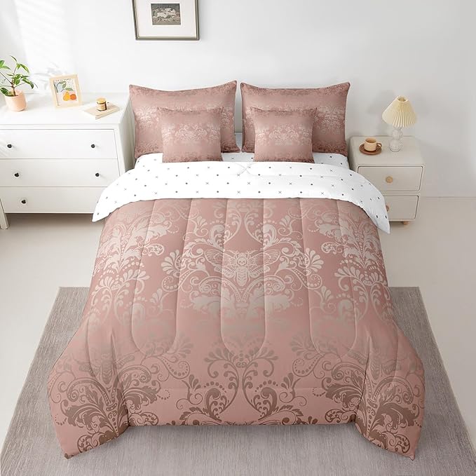 Erosebridal Gothic Damask Bed in a Bag King Size Comforter Set 7 Pieces,Exotic Moth Bedding Sets Light Pink Victorian Floral Goth Sheet Set with Comforter