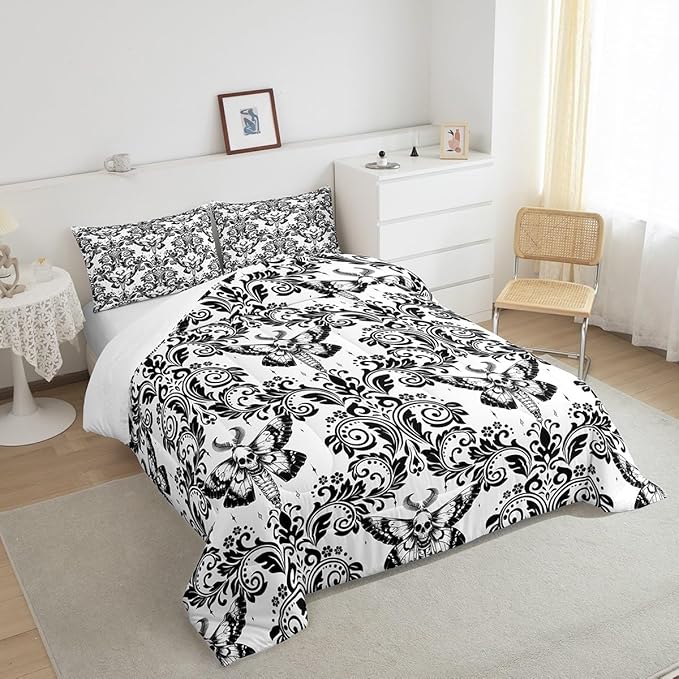 Feelyou Adults White Vintage Damask Floral Comforter Set Oriental Antique Comforter Twin Size Gothic Bohemia Boho Flower Bedding Set Gothic Skull Duvet Set Quilt Set 2Pcs