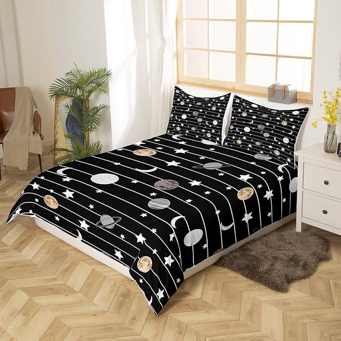 Cartoon Planet Bedding Set Starry Galaxy Duvet Cover Set Moon Night Comforter Cover Set Black White Lines Bedspread Cover Bedroom Quilt Cover 3Pcs Queen with 2 Pillowcase,No Comforter