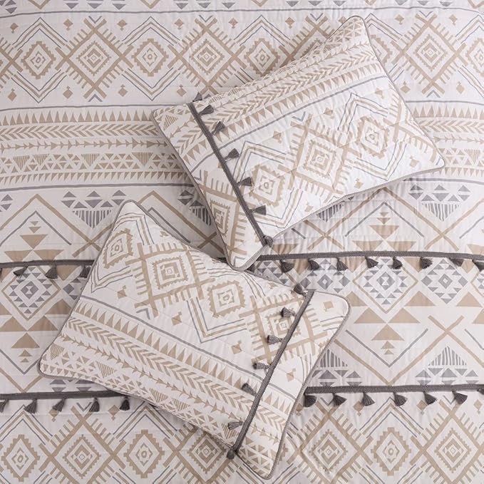 HORIMOTE HOME Boho Style Beige Twin Quilt Set with Tassle, Soft and Lightweight Bedspread for All Season, Twin Size Bed Coverlet with 1 Matching Pillow Sham (2 Pieces)