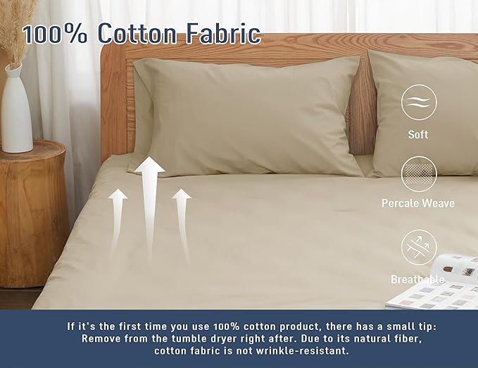 Pillow Cases, Standard Queen Size Cotton Percale Weave Pillowcases, Pre-Shrunk Breathable and Hypoallergenic Pillowcases, Set of 2 (2 Piece Standard/Queen 20 Inch x 30 Inch, Light Brown)