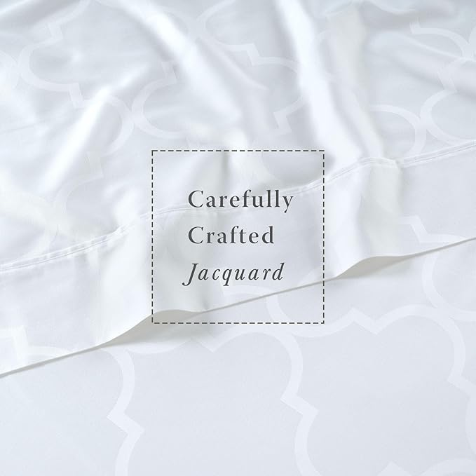 Threadmill Cotton Full Size Sheet Set | 100% Cotton Sheets for Full Size Bed | Damask Jacquard Full Bed Sheets Set with 16” Deep Pocket | Soft Sateen Weave 4-Piece Cooling Bedding Set | White