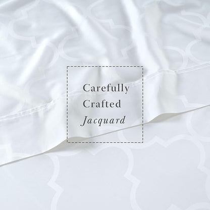 Threadmill Cotton Queen Sheet Set | 100% Cotton Sheets for Queen Size Bed | Damask Jacquard Queen Bed Sheets Set with 16” Deep Pocket | Soft Sateen Weave 4-Piece Cooling Bedding Set | White