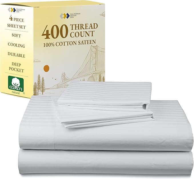 California Design Den Striped Full Size Bed Sheets Set - Soft 400 Thread Count Sateen, Natural 100% Cotton Sheets Set with Deep Pockets, Breathable, and Durable Bedding - Striped White