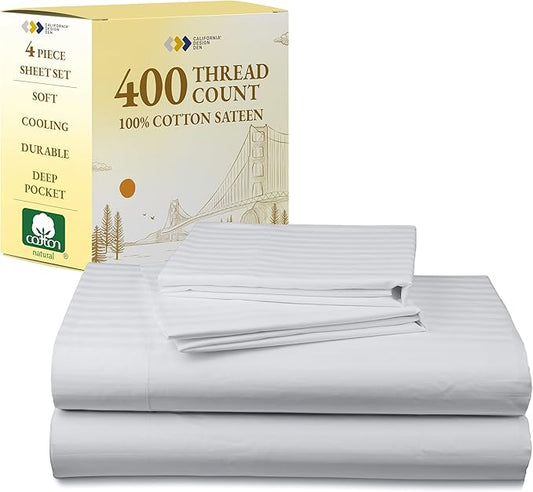 California Design Den Striped King Size Sheets Set - Soft 400 Thread Count Sateen, Natural 100% Cotton Sheets with Deep Pockets, and Durable Bedding Set - Striped White