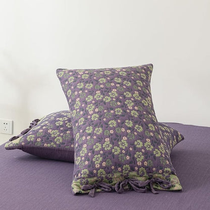 VM VOUGEMARKET Rustic Floral Jacquard Duvet Cover Queen Double Layer Gauze Cotton Purple Green Flower Duvet Cover with 2 Bowknot Pillowcases for a Comfortable Home Sleep