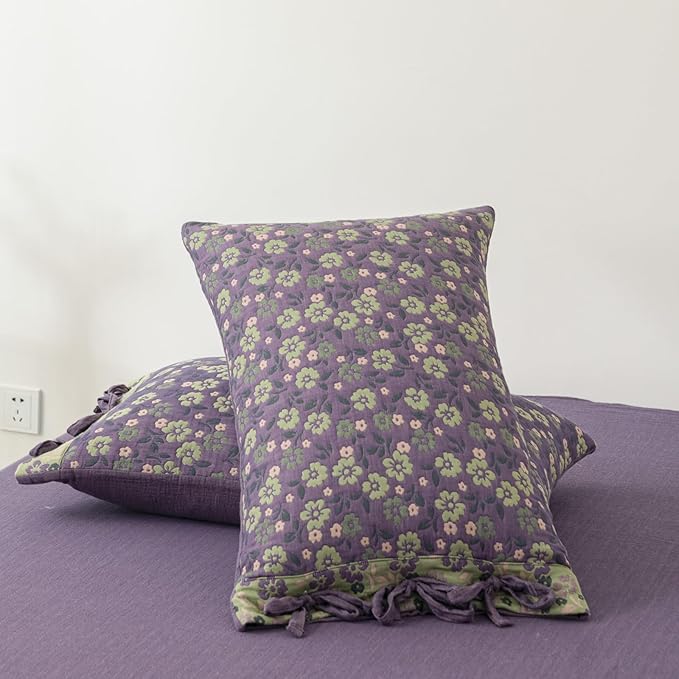 VM VOUGEMARKET Violet Duvet Cover King Double Gauze Cotton Farmhouse Jacquard Green Floral Duvet Cover with 2 Bowknot Pillowcases Rustic Style, Breathable for a Cozy Home Atmosphere