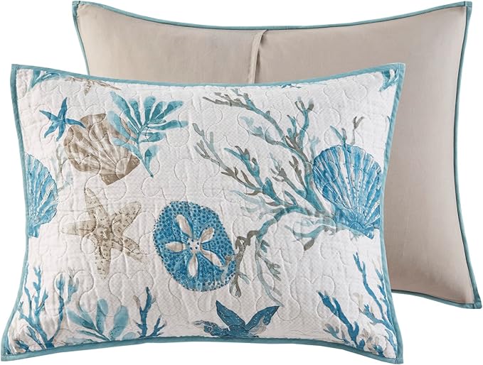 Madison Park Quilt Set Cottage Coastal Design, Starfish Print - All Season Lightweight Coverlet Bedding Layer, Shams, Toss Pillows, Pebble Beach, Aqua, Full/Queen(90 in x 90 in) 6 Piece