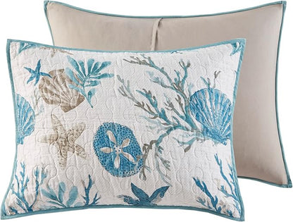 Madison Park Quilt Set Cottage Coastal Design, Starfish Print - All Season Lightweight Coverlet Bedding Layer, Shams, Toss Pillows, Pebble Beach, Aqua, Full/Queen(90 in x 90 in) 6 Piece