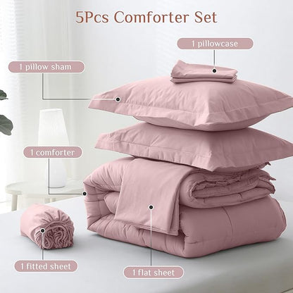 JOLLYVOGUE Twin XL Comforter Set, Ultra-Soft Bed in a Bag Twin XL Size 5 Pieces, Oeko-TEX Certified Bedding Set with Down Alternative Comforter, Sheets, Pillowcases & Shams, Camio Pink