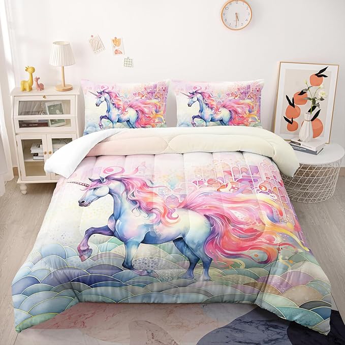 Pink Fantasy Unicorn Comforter Set Full Rainbow Scales Unicorn 3pcs Bedding Set for Girls Boys Kids Cartoon Down Alternative Soft Lightweight Comforter with 2 Pillowcases All Season