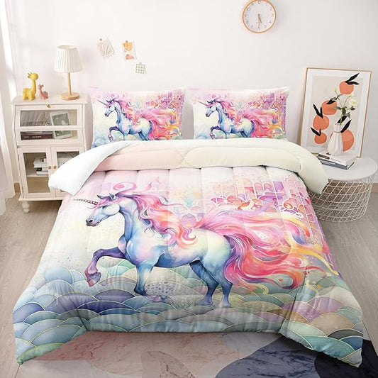 Pink Fantasy Unicorn Comforter Set Full Rainbow Scales Unicorn 3pcs Bedding Set for Girls Boys Kids Cartoon Down Alternative Soft Lightweight Comforter with 2 Pillowcases All Season