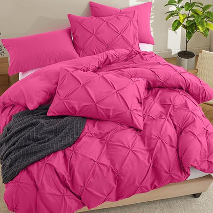 VACVELT 5 Piece Pinch Pleated Duvet Cover King Size Set, No Comforter, Hot Pink Pintuck Duvet Cover with Zipper & 8 Ties, Shabby Chic & Microfiber, 2 Pillow Shams, 2 Pillowcases