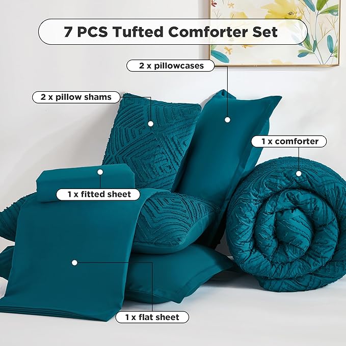 Andency Super King Plus Comforter Set Teal - 7 Pieces Bed in a Bag Oversized King Bedding Sets, Boho Tufted Lightweight Fluffy Bed Set with Comforter, Sheets, Pillowcases & Shams