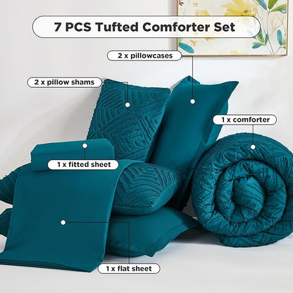 Andency Super King Comforter Set Teal - 7 Pieces Bed in a Bag Super King Bedding Comforter Sets, Tufted Lightweight Fluffy Bed Set with Comforter, Sheets, Pillowcases & Shams