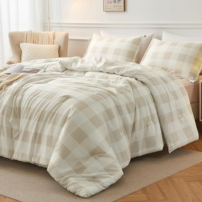 Andency Beige Grid King Size Comforter Set (104x90 Inch), 3 Pieces(1 Grid Comforter and 2 Pillowcases), Summer Lightweight Microfiber Down Alternative Beige Comforter