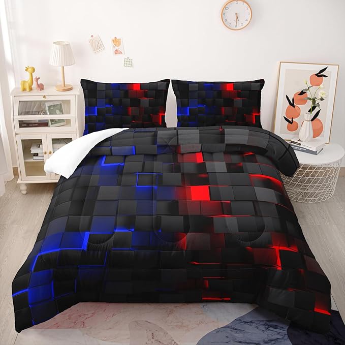 Red and Blue Checkered Comforter Set Full Honeycomb Bedding Sets 3PCS for Kids Teen Adult Boy Room Decor Ultra-Soft Lightweight Microfiber 1 Comforter with 2 Pillowcases