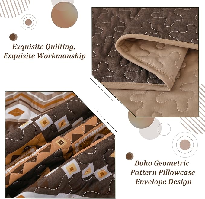 WONGS BEDDING Boho Quilt Set Queen Size,3 Pieces Brown Geometry Printed Bedspread Coverlet Set,Lightweight Microfiber Bedding Set with 2 Pillowcases,96"×90"