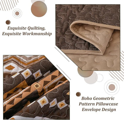 WONGS BEDDING Boho Quilt Set King Size,3 Pieces Brown Geometry Printed Bedspread Coverlet Set,Lightweight Microfiber Bedding Set with 2 Pillowcases,104"×90"
