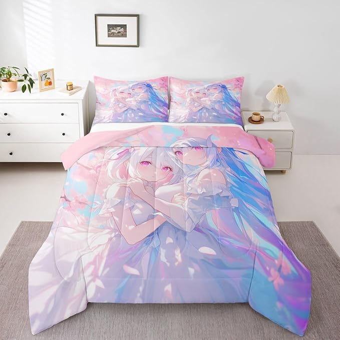 Erosebridal 3D Kawaii Girly Bedding Queen Size, Japanese Girl Comforter Set for Kids Toddler Girls Cherry Blossoms Bedding Comforter Sets, Watercolor Romance Duvet Set Happy Friendship Down Comforter