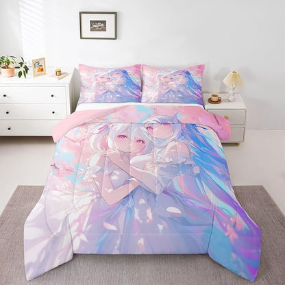 Erosebridal 3D Kawaii Girly Bedding Queen Size, Japanese Girl Comforter Set for Kids Toddler Girls Cherry Blossoms Bedding Comforter Sets, Watercolor Romance Duvet Set Happy Friendship Down Comforter
