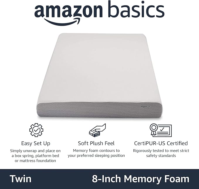 Amazon Basics Memory Foam Mattress, Soft Plush Feel, Breathable, Contours to Body, 8 Inch, Twin, White/Grey