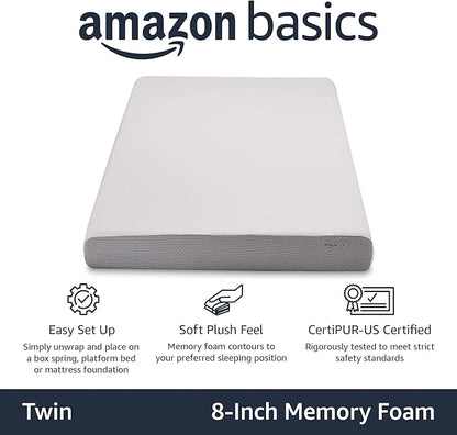 Amazon Basics Memory Foam Mattress, Soft Plush Feel, Breathable, Contours to Body, 8 Inch, Twin, White/Grey