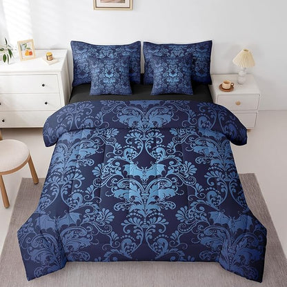 Erosebridal Gothic Damask 7 Piece Comforter Set Full Bed in a Bag,Halloween Bat Bedding Sets Blue Victorian Floral Goth Sheet Set with Comforter
