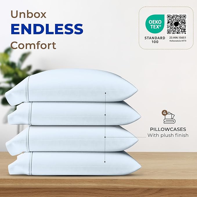 Thread Spread 100% Egyptian Cotton King Size Pillow Cases Set of 4 - Luxury 1000 Series Paradise Collection Pillow Cases King Size (Pack of 2, Light Blue), Cooling Hotel Egyptian Cotton Pillowcases
