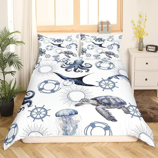 Castle Fairy Sea Turtle Duvet Cover King Size,Octopus Jellyfish Ocean Life Bedding Set for Teens Adults,Nautical Style Sea Animals Comforter Cover Soft Quilt Cover,No Comforter