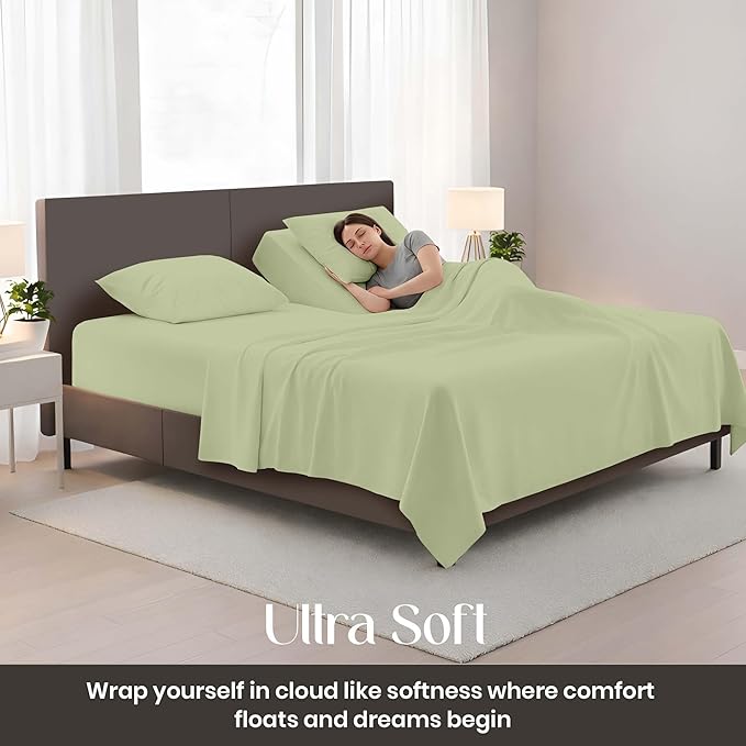 SGI bedding Adjustable Split Head Flex Top Cal King 34" Microfiber Sheet Set Ultra Soft, Cooling & Deep Pocket 15 Fitted, 4-Piece Breathable & Durable Bedding Set for Split Cal King Beds -Sage