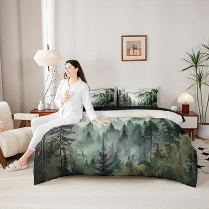 Erosebridal Dark Green Misty Forest King Bed in A Bag 7 Piece Mountain Foggy Woodland Comforter Set with Sheets Rustic Pine Tree Bedding Sets for Kids Adults,Watercolor Nature Theme Bed Set
