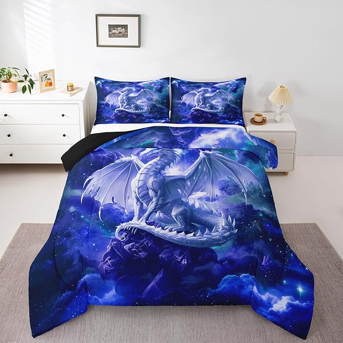 Western Magical Dragon Comforter Set King Size,Starry Sky Glitter Bedding Set for Kids Boys Girls Room Decor,Galaxy Nebula Wildlife Duvet Insert 3Pcs,Nature Animal Blue Quilt Set,2 Pillowcases