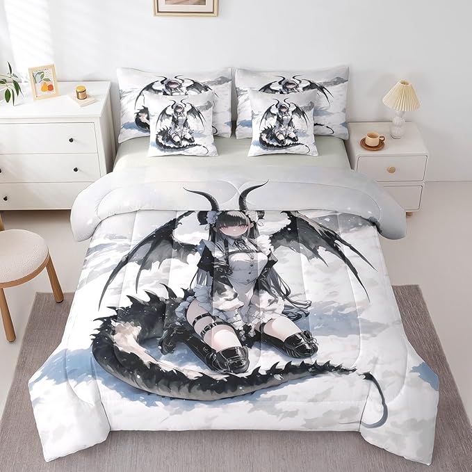 Erosebridal Anime Girl Comforter Set 7 Piece Full, Japanese Anime Bedding Set for Kids Girls Teens Women Bedroom, Cartoon Girl Bed in A Bag Japanese Animation Sci Fi Style Sheet Sets