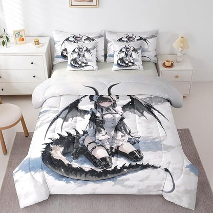 Erosebridal Anime Girl Comforter Set 7 Piece Full, Japanese Anime Bedding Set for Kids Girls Teens Women Bedroom, Cartoon Girl Bed in A Bag Japanese Animation Sci Fi Style Sheet Sets