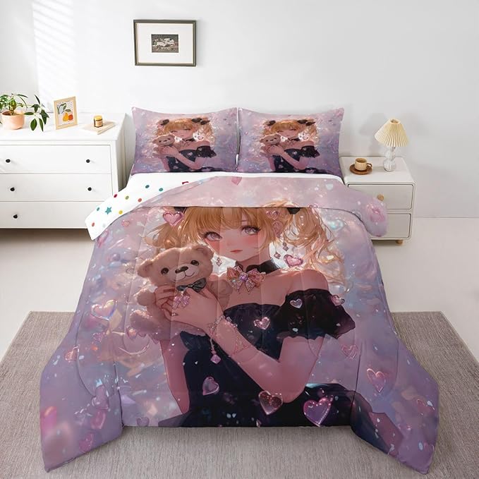 Erosebridal Bow Girls Down Comforter Pink Kawaii Cartoon Anime Kids Queen Comforter Set with 2 Pillow Cases,Romantic Aesthetic Princess Bedding Set Japanese Style Girl Bed Set