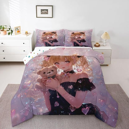 Erosebridal Bow Girls Down Comforter Pink Kawaii Cartoon Anime Kids Queen Comforter Set with 2 Pillow Cases,Romantic Aesthetic Princess Bedding Set Japanese Style Girl Bed Set