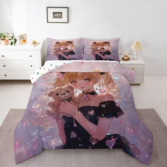 Erosebridal Bow Girls Down Comforter Pink Kawaii Cartoon Anime Kids Queen Comforter Set with 2 Pillow Cases,Romantic Aesthetic Princess Bedding Set Japanese Style Girl Bed Set