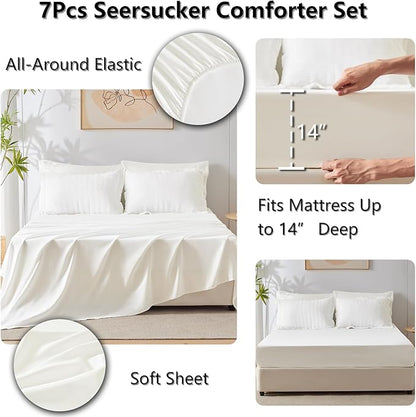 CozyLux Full Size Comforter Sets with Sheets 7 Pieces, Ivory Seersucker Bed in a Bag Textured Luxury Soft Bedding Sets with Down Alternative Comforter, Sheets, Pillowcases & Shams for All Season