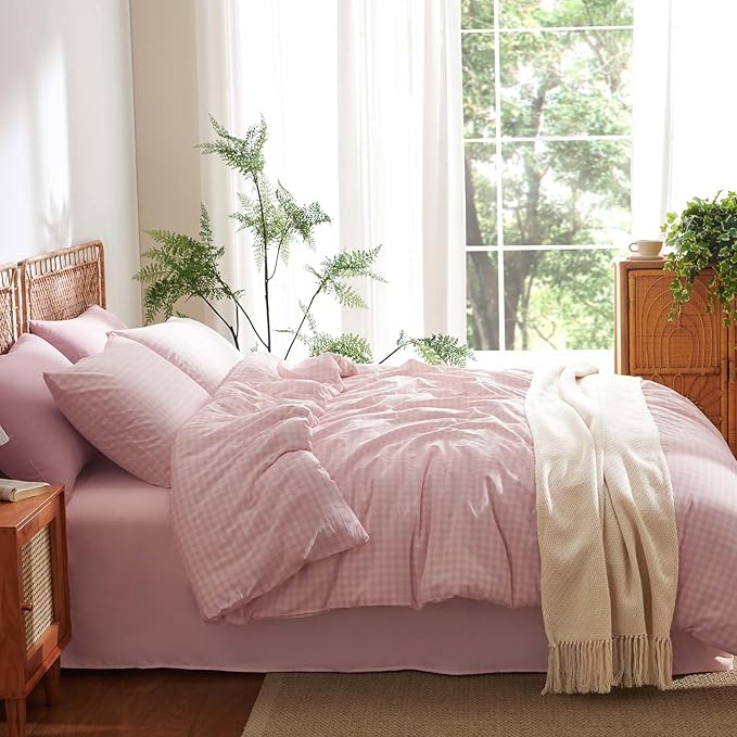 Nayoroom Gingham Duvet Cover Queen Size 100% Washed Cotton Pink Plaid Checkered Comforter Cover 3 Pcs Soft Breathable Grid Farmhouse Dorm Bedding Set for All Seasons