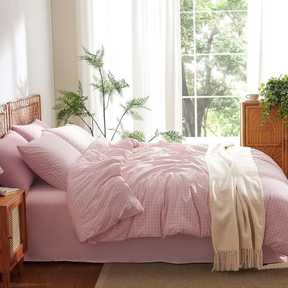 Nayoroom Gingham Duvet Cover Queen Size 100% Washed Cotton Pink Plaid Checkered Comforter Cover 3 Pcs Soft Breathable Grid Farmhouse Dorm Bedding Set for All Seasons